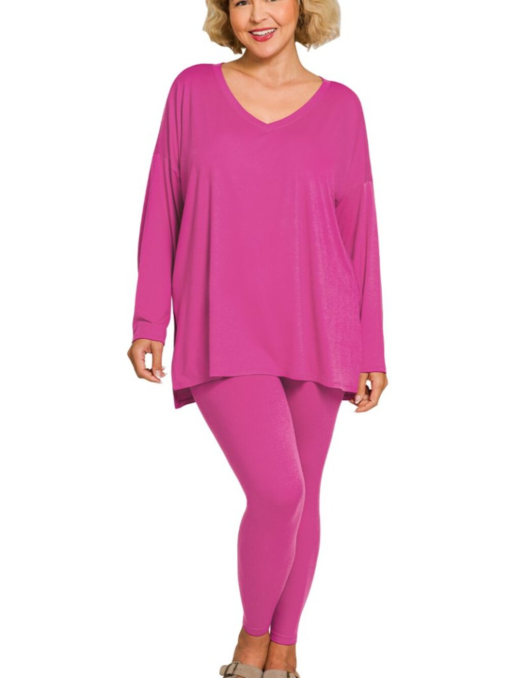 V‑Neck Long‑Sleeve Loungewear Leggings Set – Buttery Soft Brushed DTY Microfiber